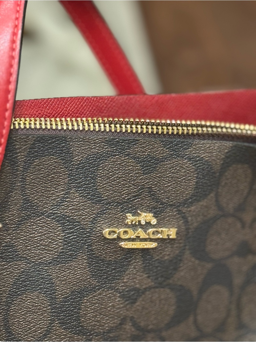 Coach City Zip Tote Signature Canvas Brown Red Leather Gold Hardware F58292 - Picture 2 of 11